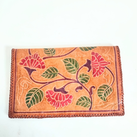 Leather Floral Colorful Design Clutch Handbag 8" x 5" Wallet and Coin Purse EUC - Picture 2 of 5